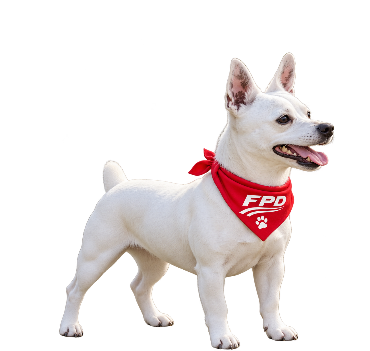Louie the white dog wearing a red FPD bandana